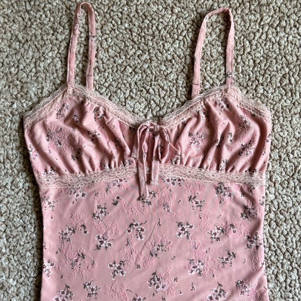 Derek Heart Floral Pink Lace Trim Cami Top